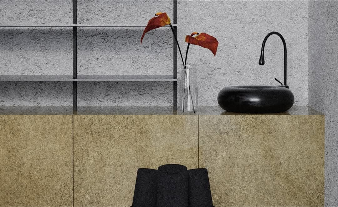 Custom vanity with sculptural sink and warm stone finishes